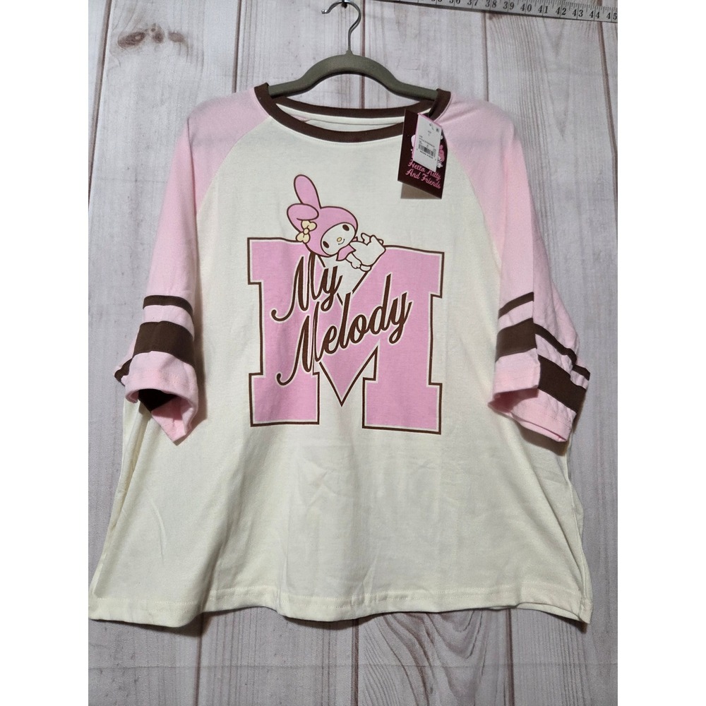 Sanrio My Melody Raglan T-Shirt Womens Large Pink Cream Varsity Graphic NWT